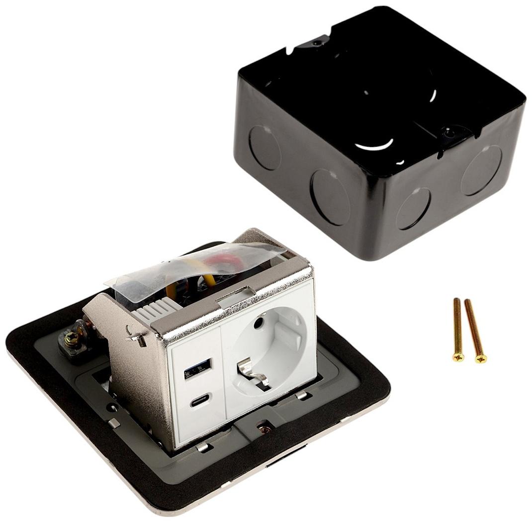 Розетка выдвижная, 16 А, одноместная, USB + Type-C, серебристая