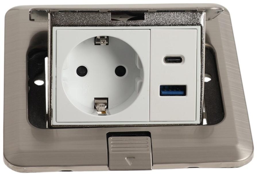 Розетка выдвижная, 16 А, одноместная, USB + Type-C, серебристая