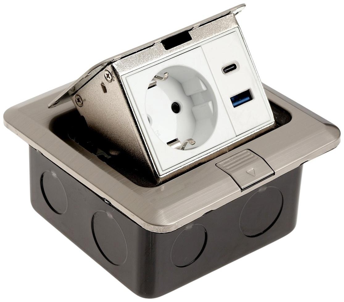 Розетка выдвижная, 16 А, одноместная, USB + Type-C, серебристая