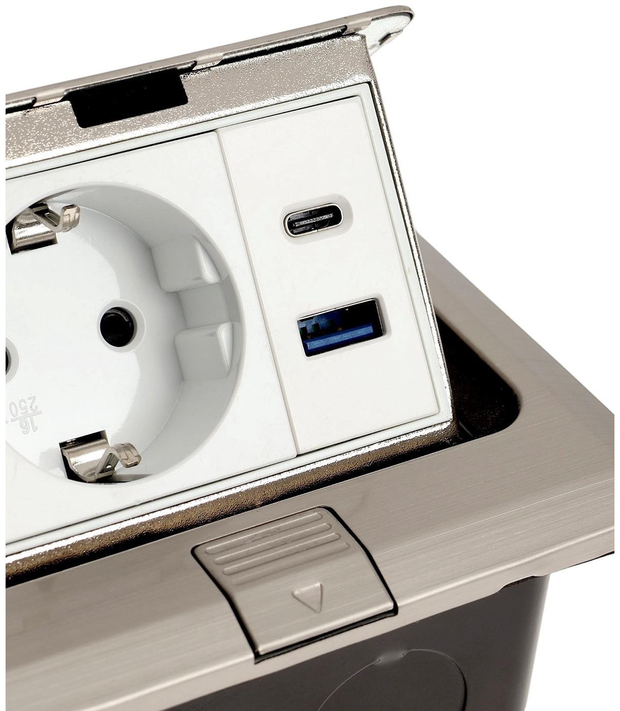 Розетка выдвижная, 16 А, одноместная, USB + Type-C, серебристая