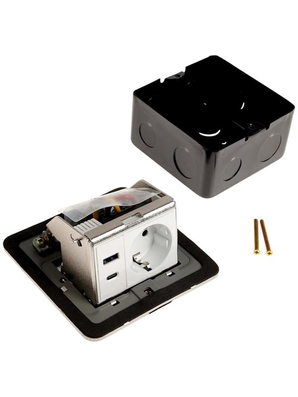 Розетка выдвижная, 16 А, одноместная, USB + Type-C, серебристая