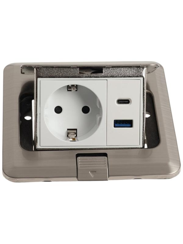 Розетка выдвижная, 16 А, одноместная, USB + Type-C, серебристая