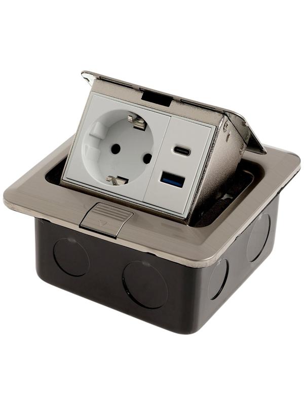 Розетка выдвижная, 16 А, одноместная, USB + Type-C, серебристая