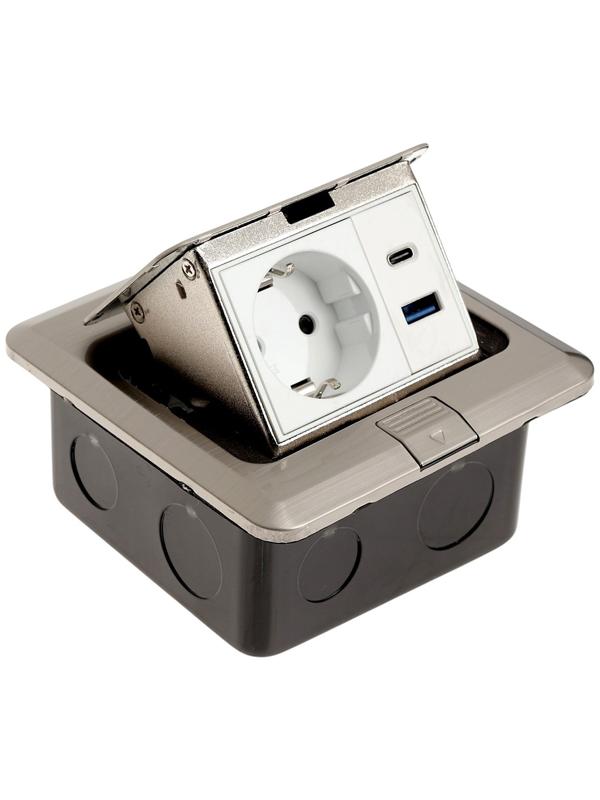 Розетка выдвижная, 16 А, одноместная, USB + Type-C, серебристая