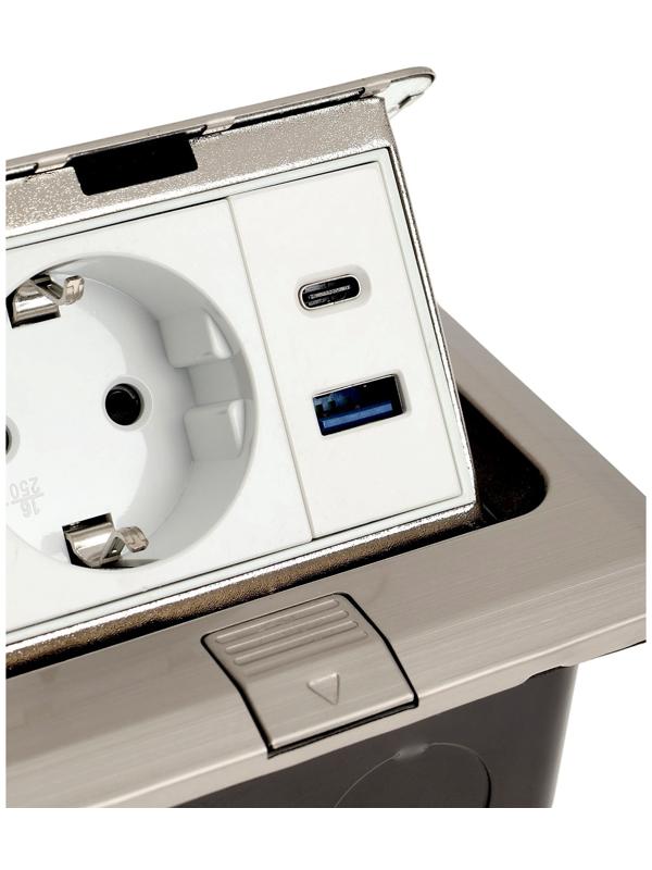 Розетка выдвижная, 16 А, одноместная, USB + Type-C, серебристая