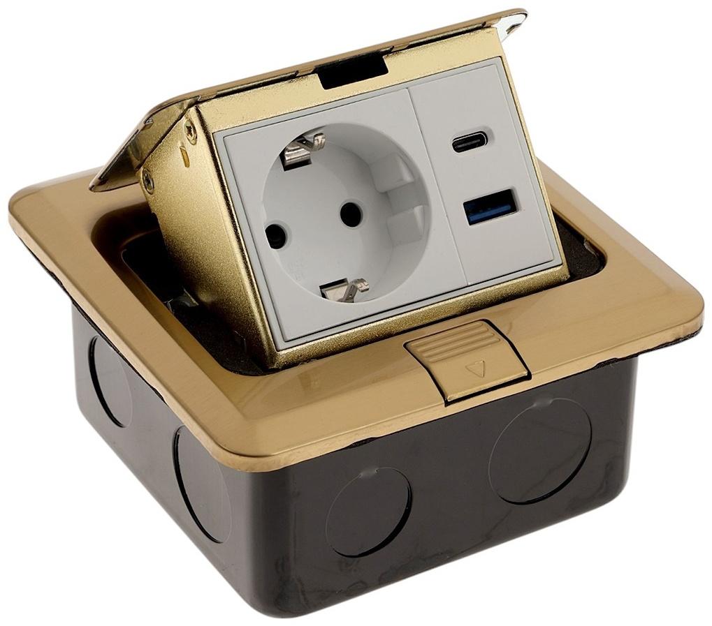 Розетка выдвижная, 16 А, одноместная, USB + Type-C, золотистая