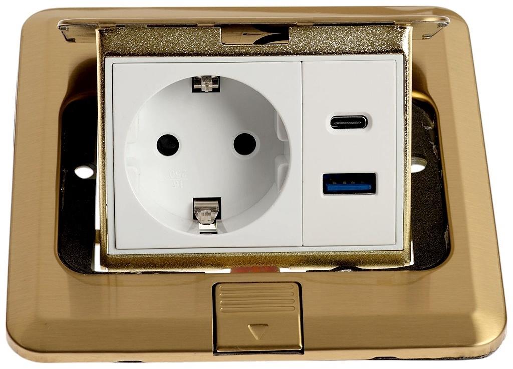 Розетка выдвижная, 16 А, одноместная, USB + Type-C, золотистая