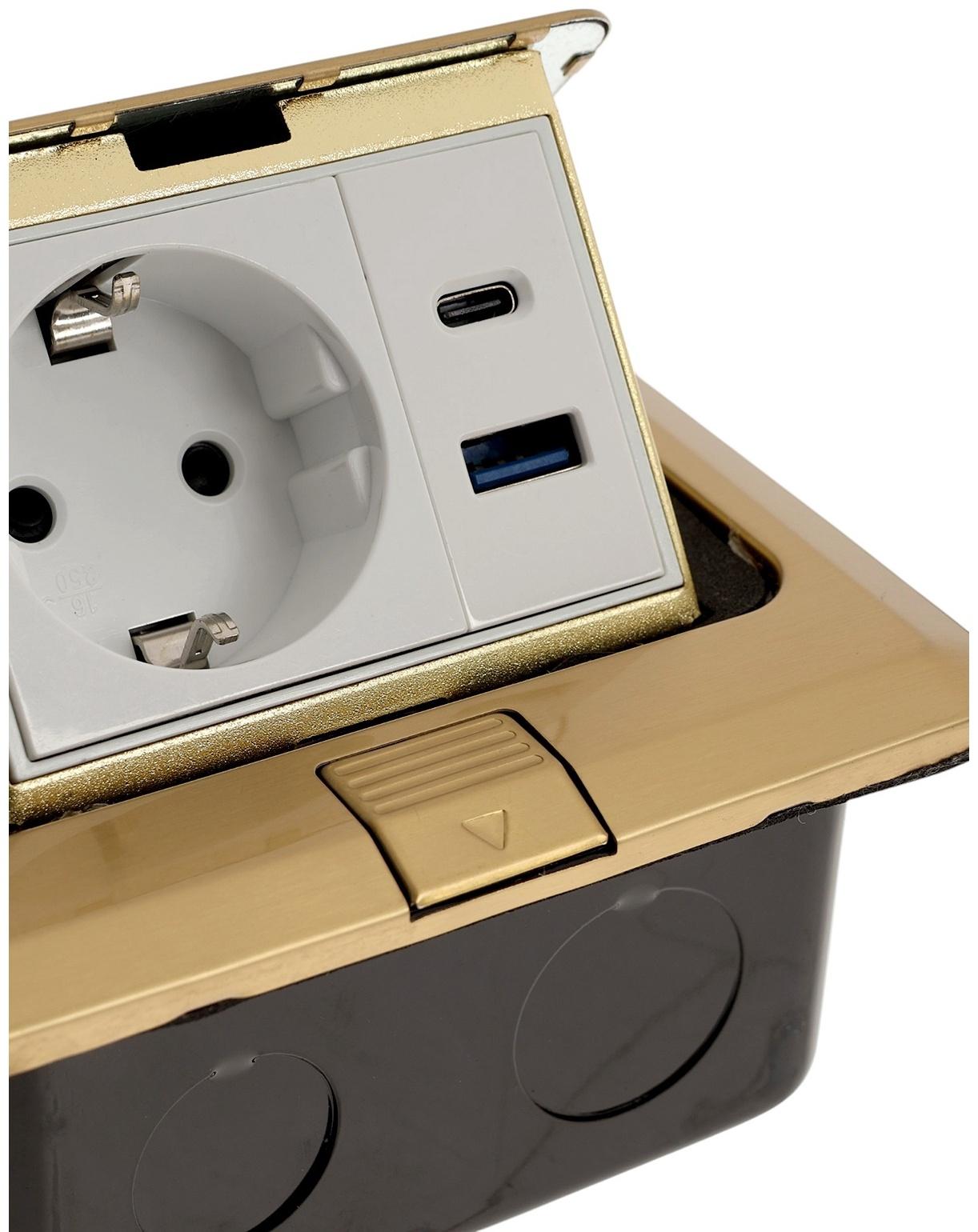 Розетка выдвижная, 16 А, одноместная, USB + Type-C, золотистая