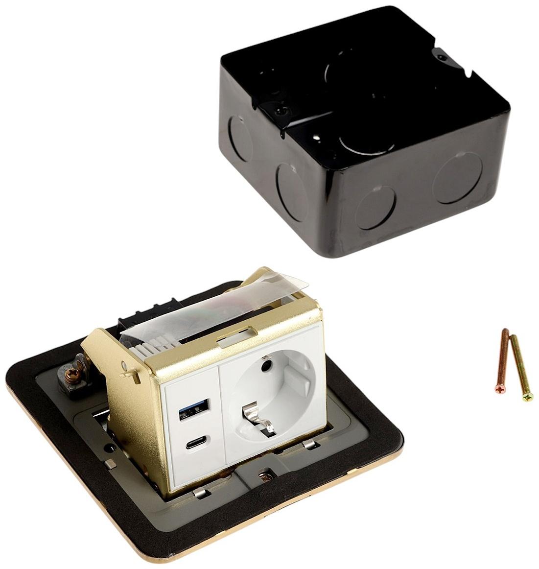 Розетка выдвижная, 16 А, одноместная, USB + Type-C, золотистая