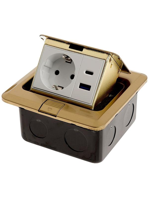 Розетка выдвижная, 16 А, одноместная, USB + Type-C, золотистая