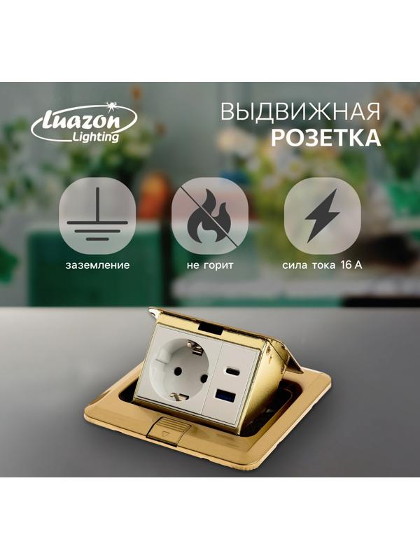 Розетка выдвижная, 16 А, одноместная, USB + Type-C, золотистая