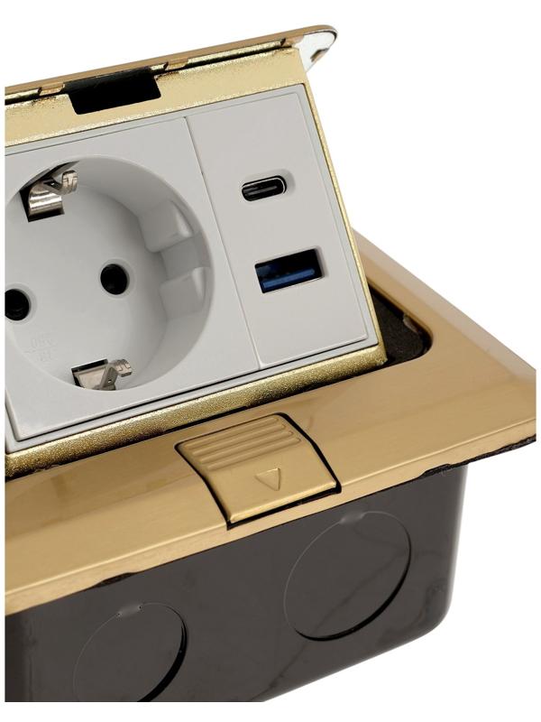 Розетка выдвижная, 16 А, одноместная, USB + Type-C, золотистая