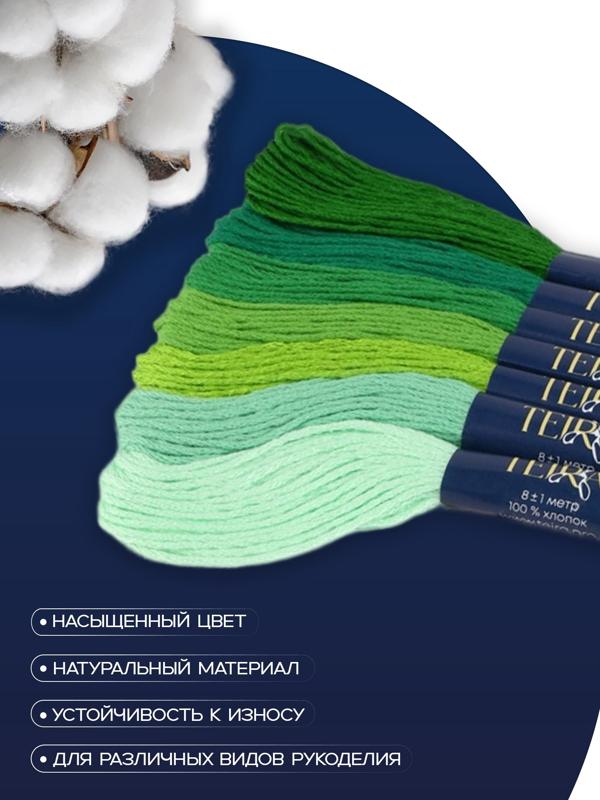 Нитки мулине, 8±1 м, набор 7 шт., хлопок, зелёные