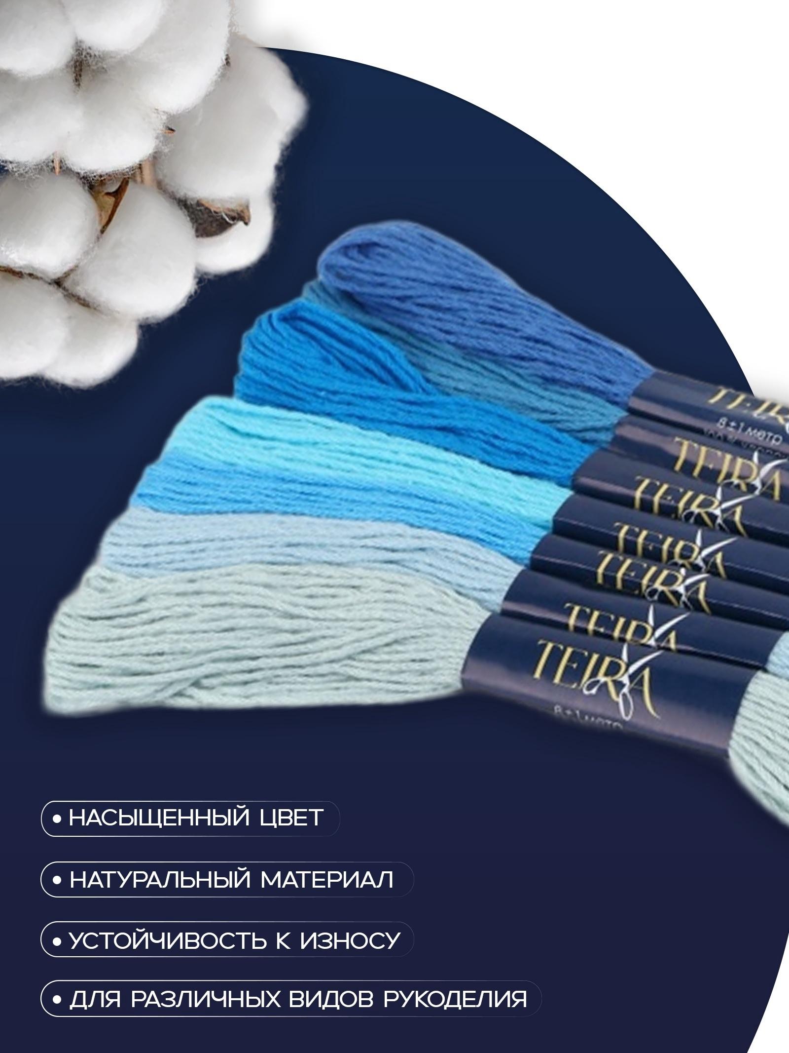 Нитки мулине, 8±1 м, набор 7 шт., хлопок, голубые