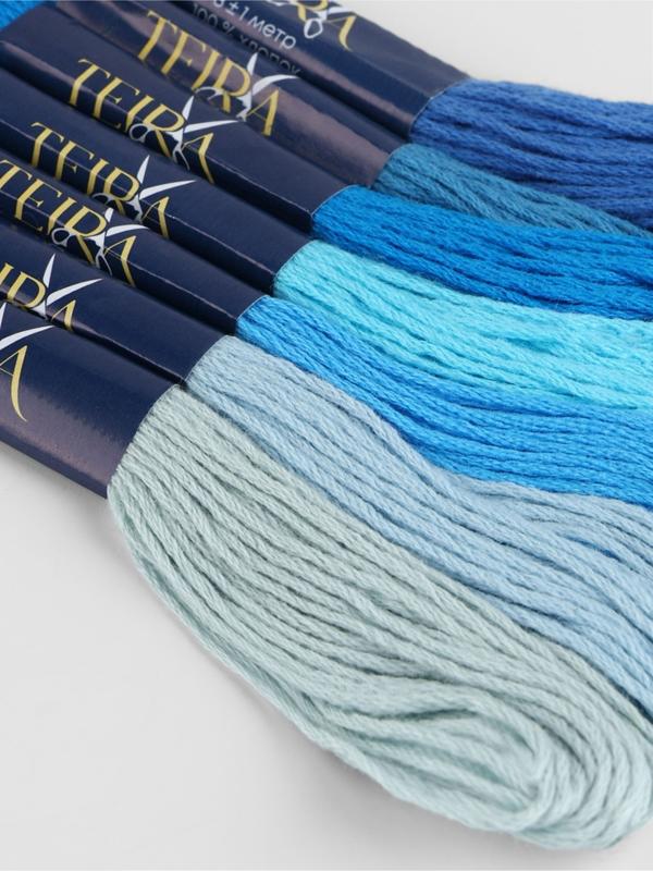 Нитки мулине, 8±1 м, набор 7 шт., хлопок, голубые