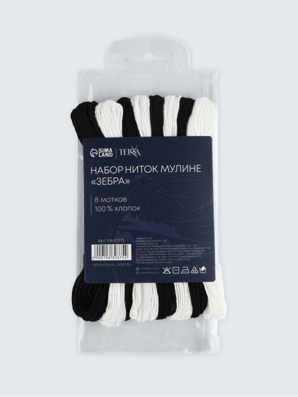 Нитки мулине, 8±1 м, набор 8 шт., хлопок, чёрные, белые