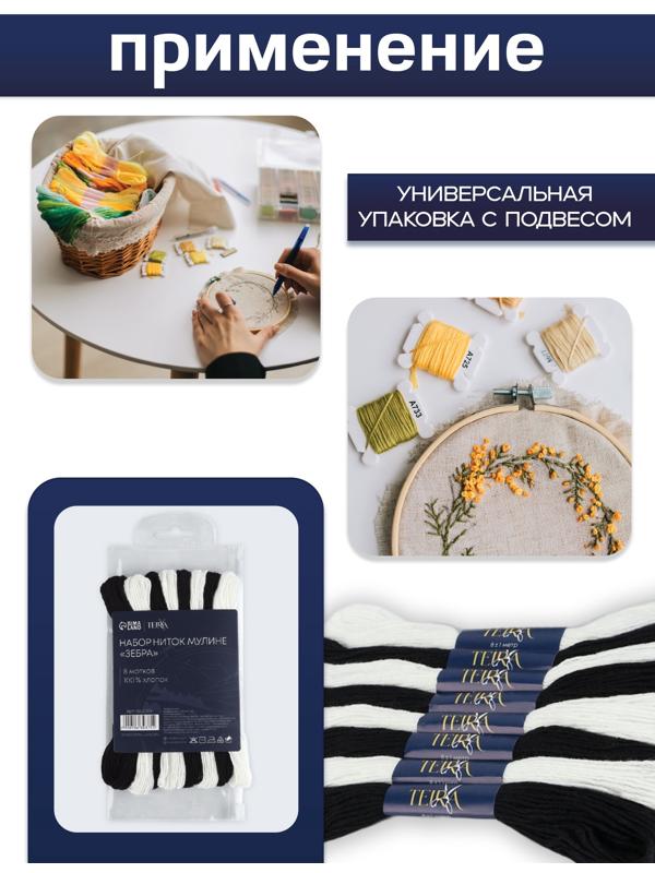 Нитки мулине, 8±1 м, набор 8 шт., хлопок, чёрные, белые