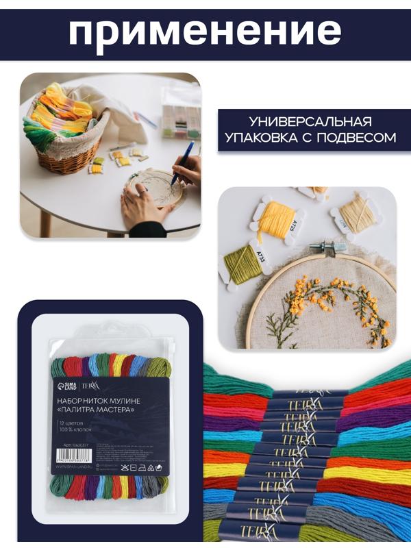 Нитки мулине, 8±1 м, набор 12 шт., хлопок, разноцветные