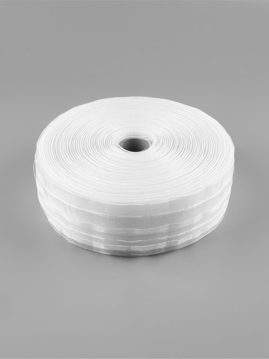 Шторная лента, фиксированная сборка, органза, 60 мм, 50±1 м, 2 шнура, белая
