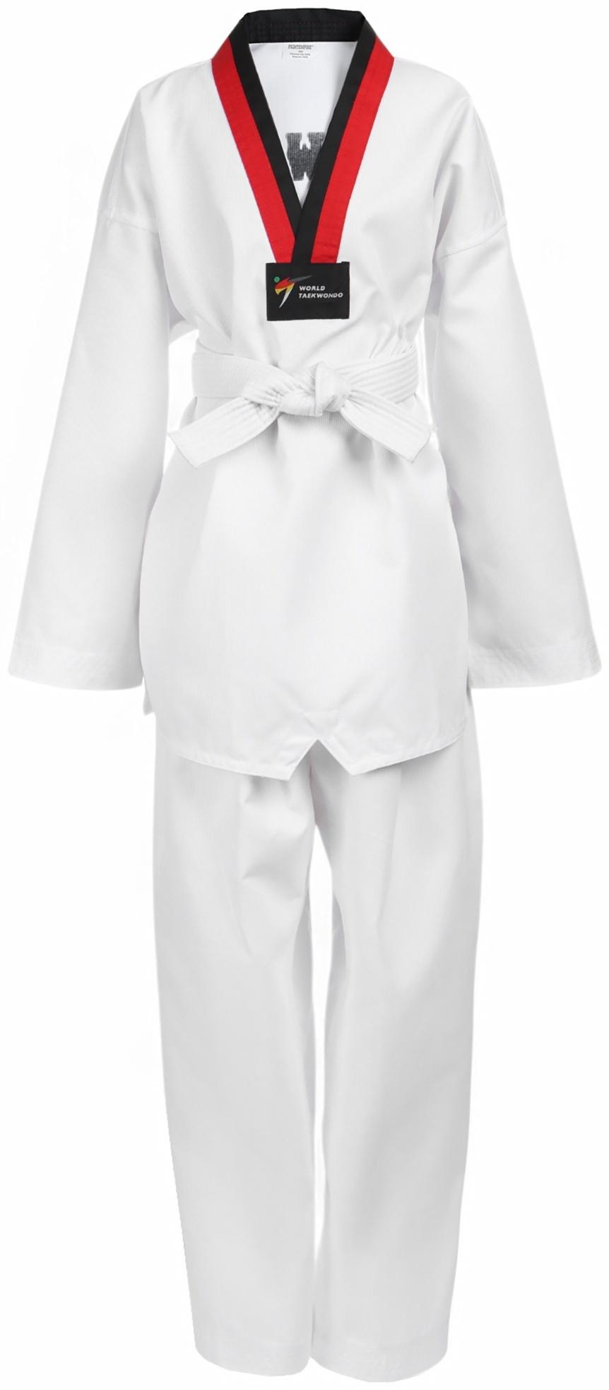 Добок (кимоно) для Тхэквондо, размер 150, детский, белый, чёрно-красный ворот