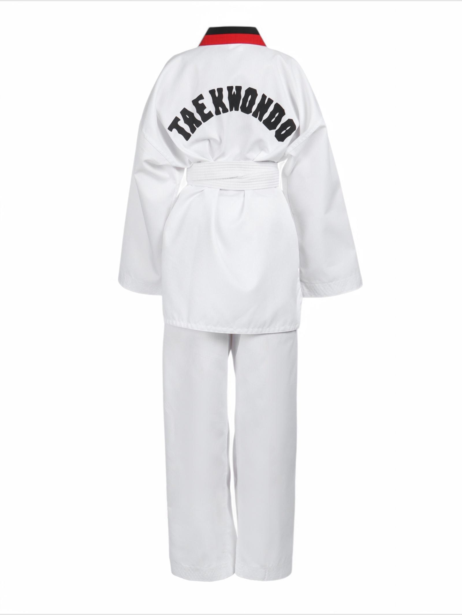 Добок (кимоно) для Тхэквондо, размер 150, детский, белый, чёрно-красный ворот