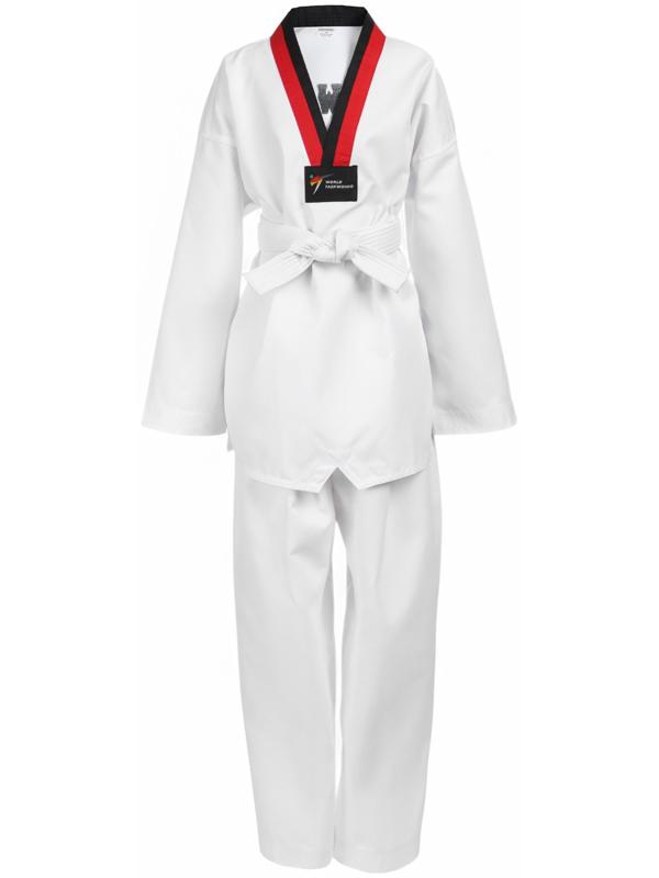 Добок (кимоно) для Тхэквондо, размер 150, детский, белый, чёрно-красный ворот