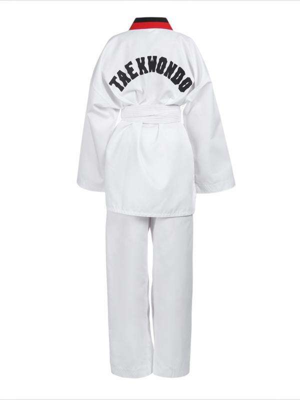 Добок (кимоно) для Тхэквондо, размер 150, детский, белый, чёрно-красный ворот