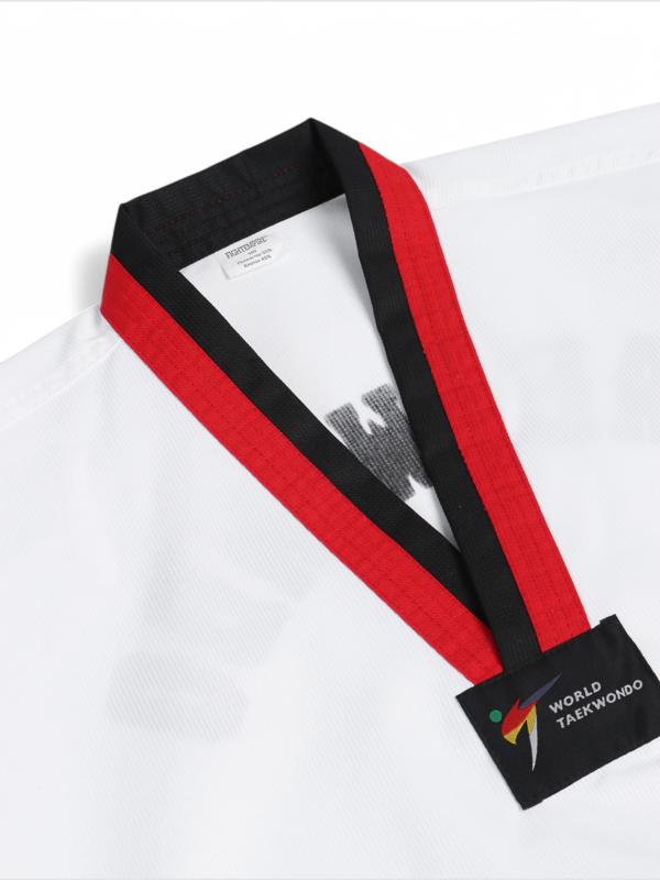 Добок (кимоно) для Тхэквондо, размер 150, детский, белый, чёрно-красный ворот