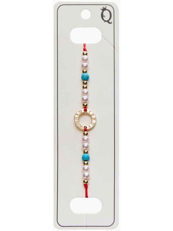 Браслет-оберег «Красная нить» женский, защита, кольцо мини, голубо-белый в золоте, d=6