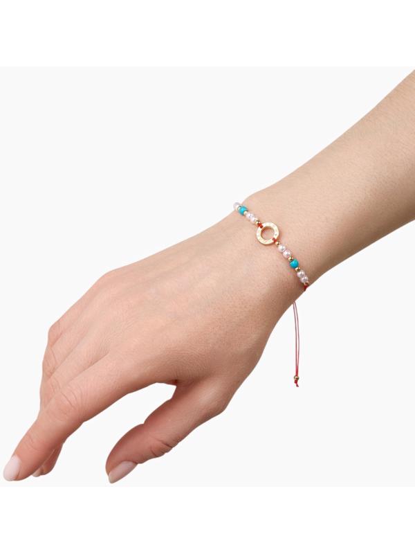 Браслет-оберег «Красная нить» женский, защита, кольцо мини, голубо-белый в золоте, d=6