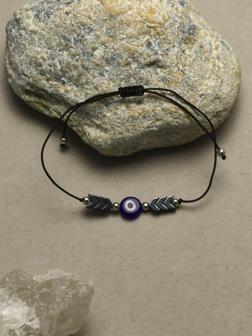 Браслет-оберег «Глазик» на нити, гематит, чёрный в серебре