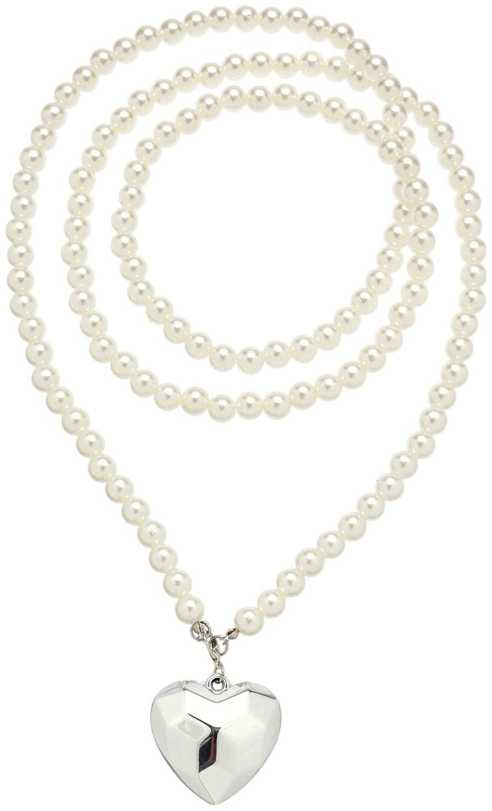 Портупея жемчужная с кулоном «Сердце», 129 см, белая в серебре