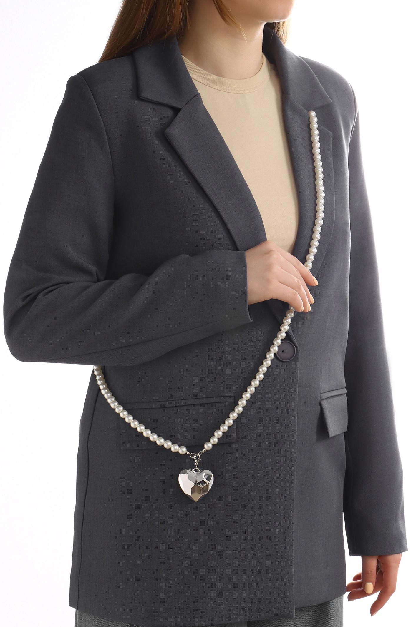 Портупея жемчужная с кулоном «Сердце», 129 см, белая в серебре