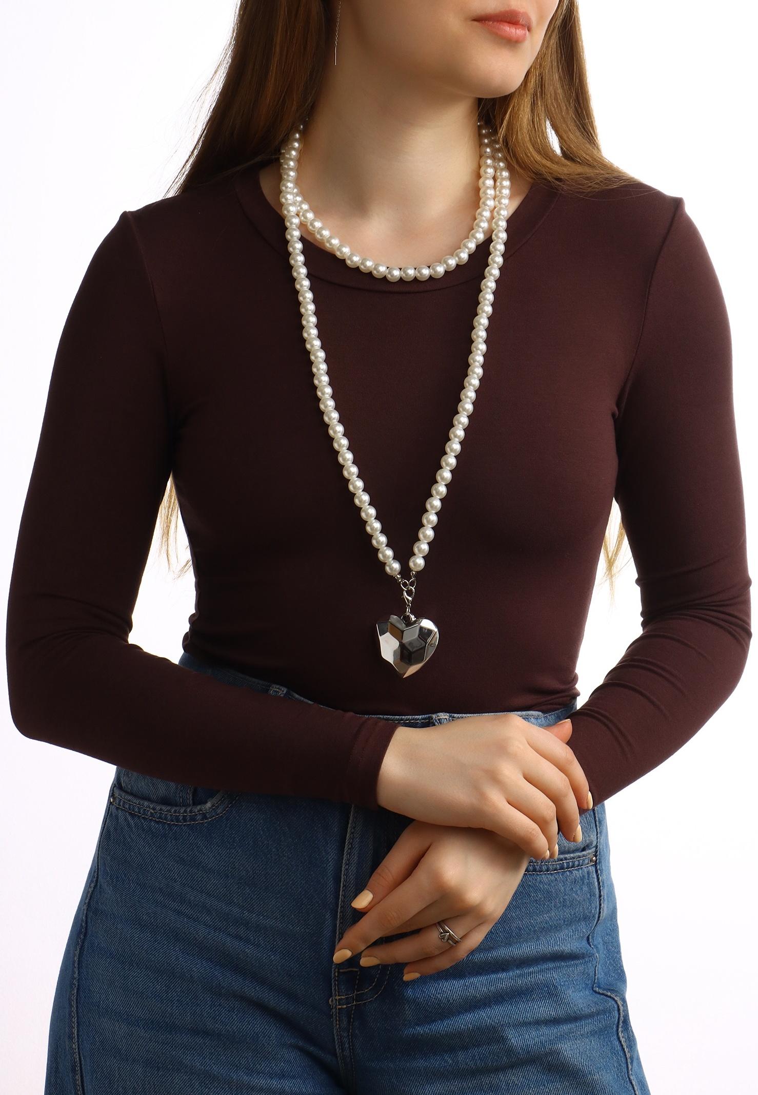 Портупея жемчужная с кулоном «Сердце», 129 см, белая в серебре