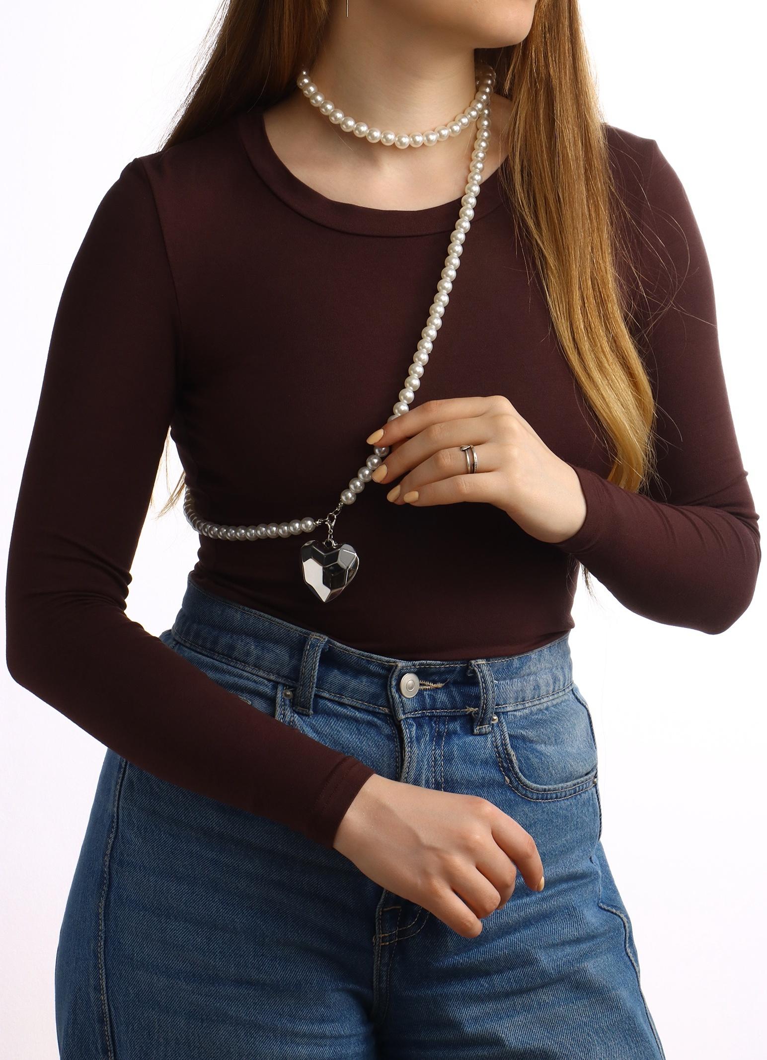 Портупея жемчужная с кулоном «Сердце», 129 см, белая в серебре