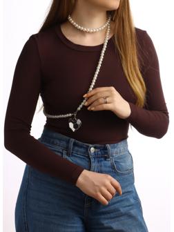 Портупея жемчужная с кулоном «Сердце», 129 см, белая в серебре