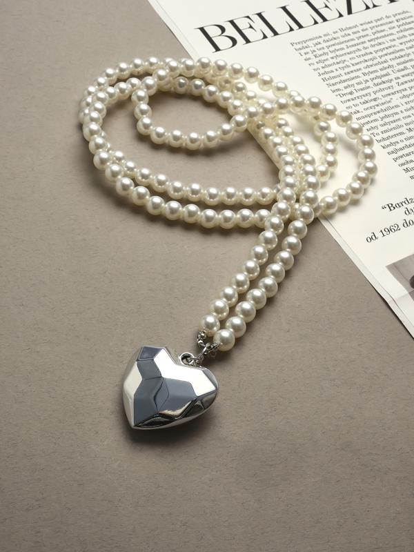 Портупея жемчужная с кулоном «Сердце», 129 см, белая в серебре