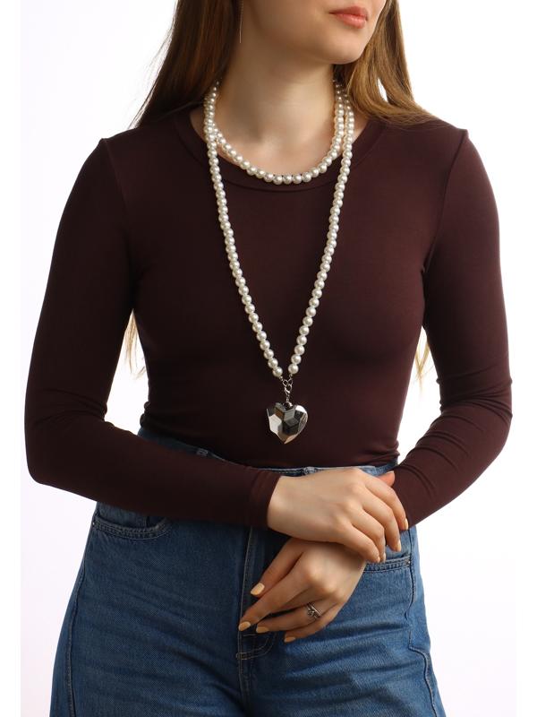 Портупея жемчужная с кулоном «Сердце», 129 см, белая в серебре