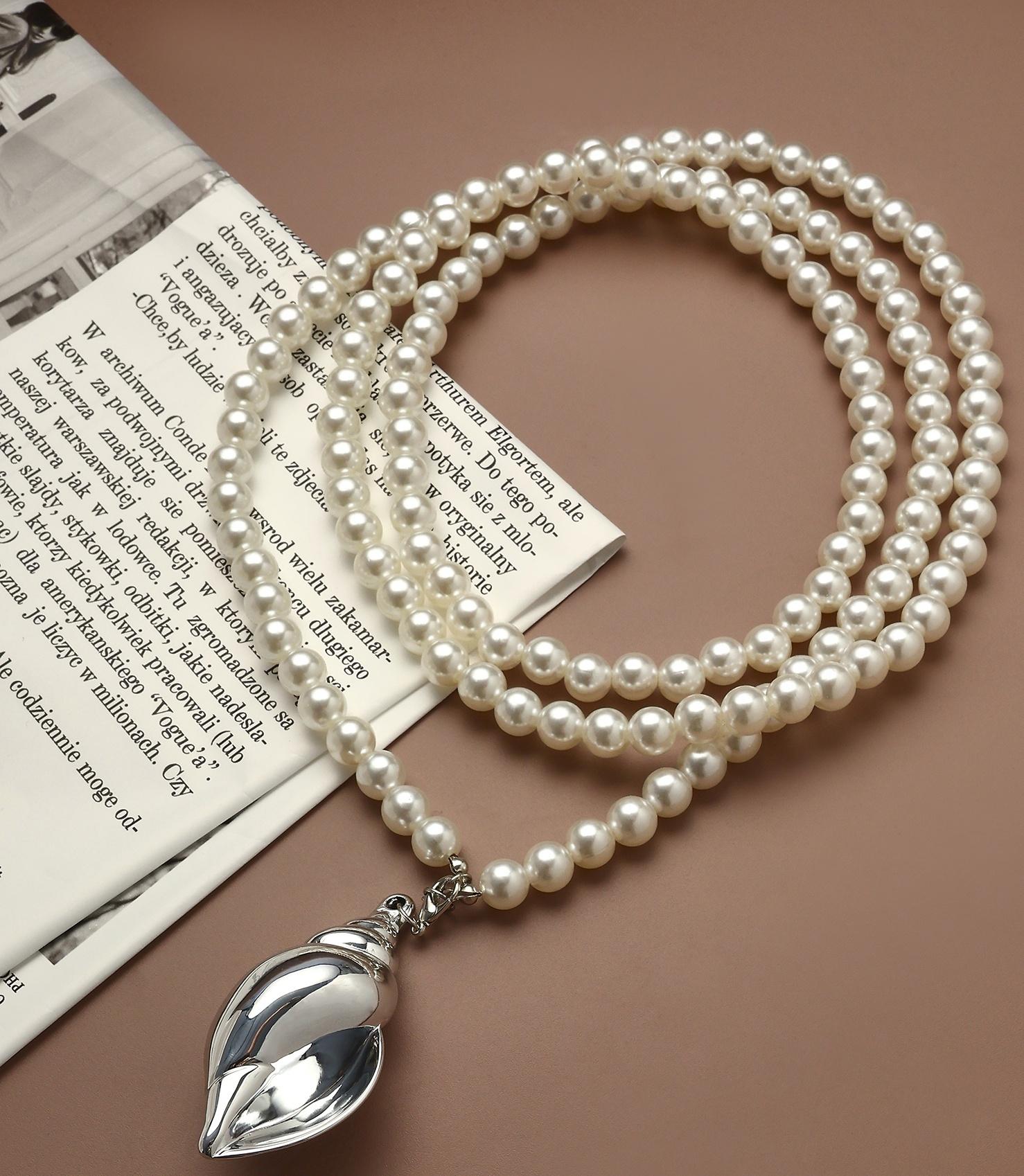 Портупея жемчужная с кулоном «Ракушка», 129 см, белая в серебре