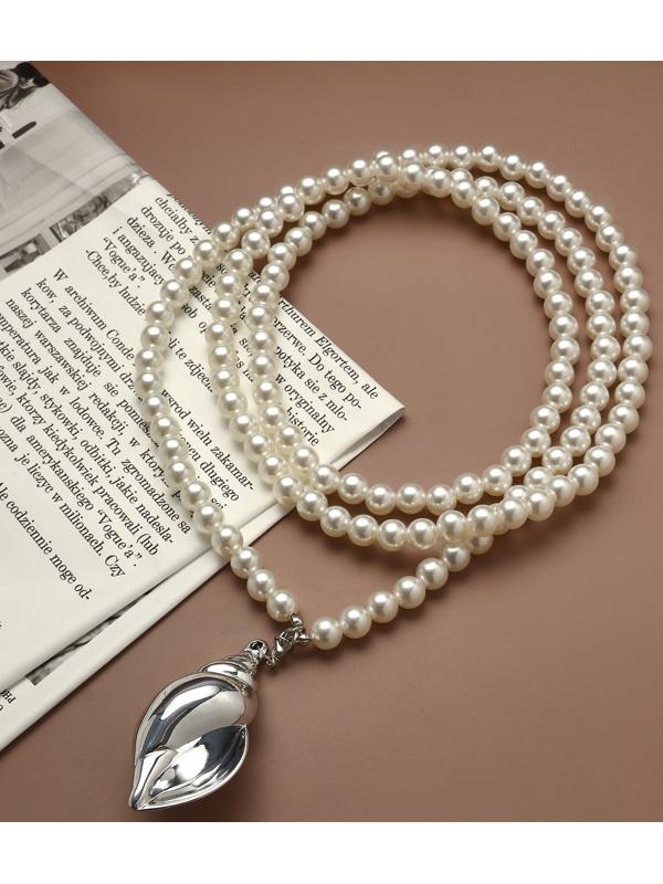 Портупея жемчужная с кулоном «Ракушка», 129 см, белая в серебре