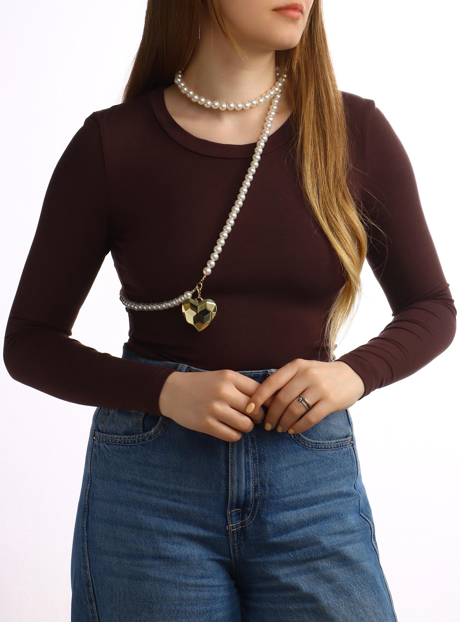 Портупея жемчужная с кулоном «Сердце», 129 см, белая в золоте