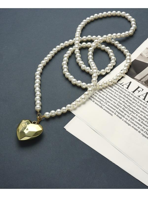 Портупея жемчужная с кулоном «Сердце», 129 см, белая в золоте