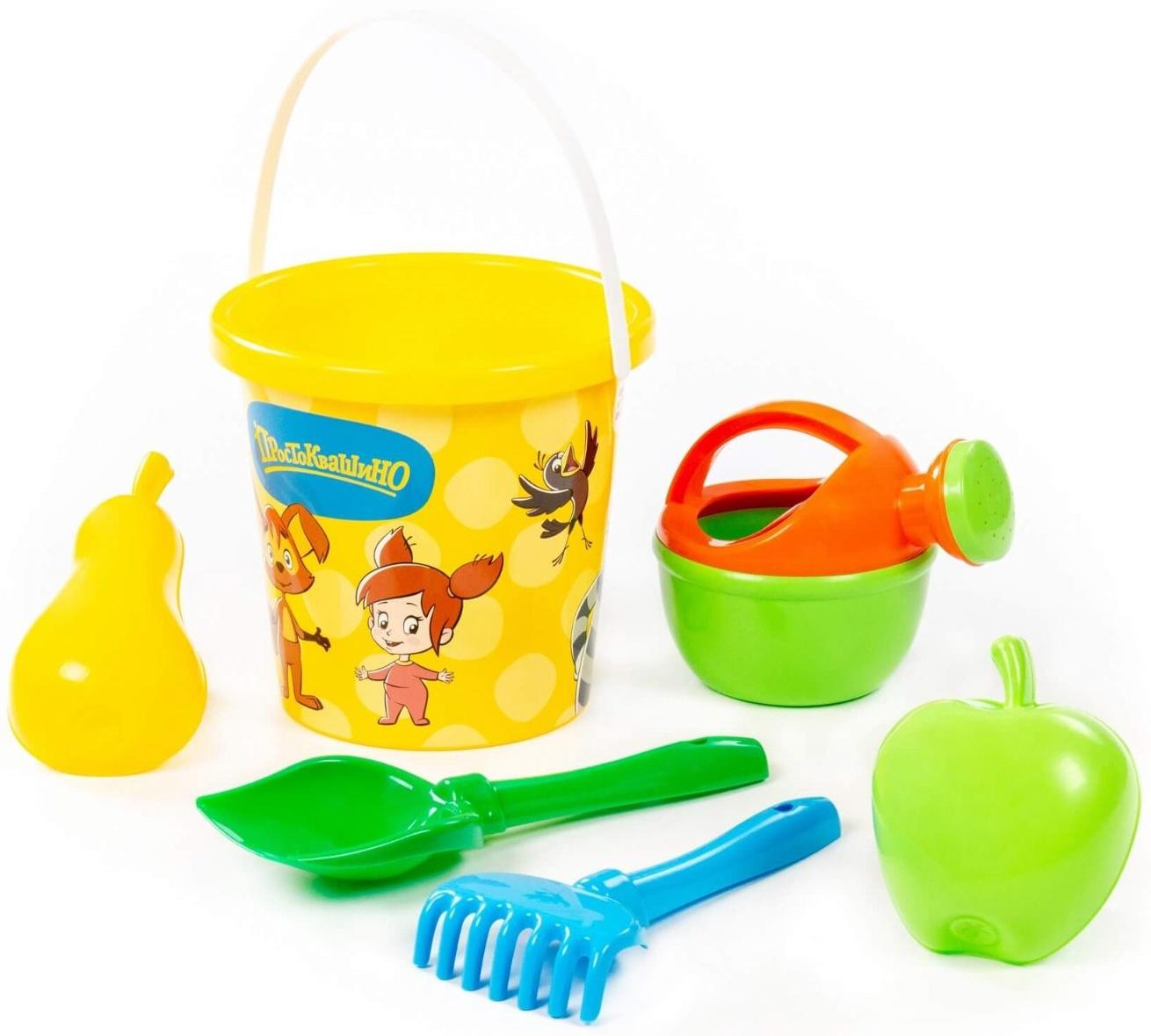 Песочный набор игрушек «Простоквашино», 6 предметов: ведро, лопатка, грабельки, формочки, лейка, МИКС