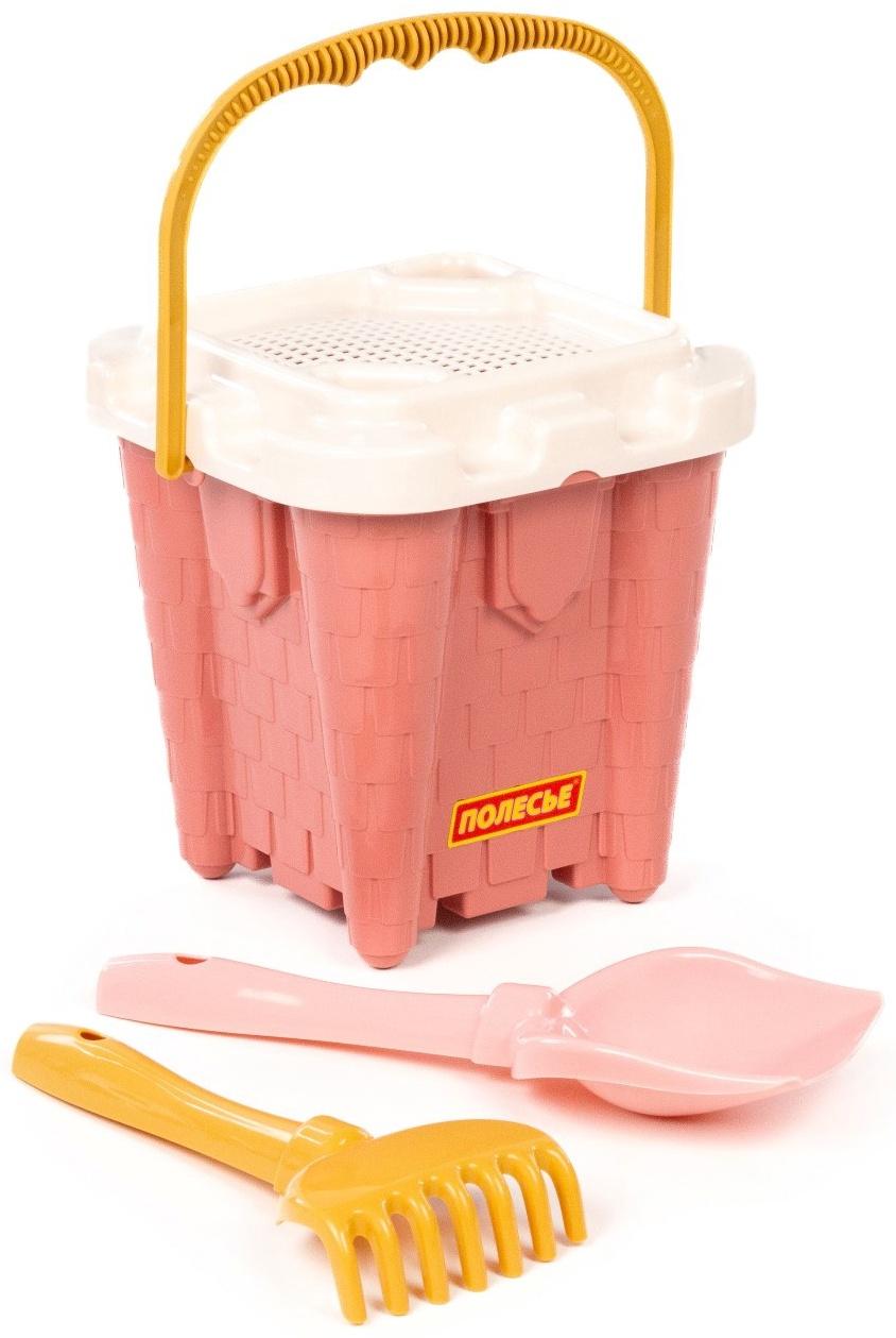 Песочный набор игрушек, 4 предмета: ведро-замок, ситечко, лопатка, грабельки, розовый