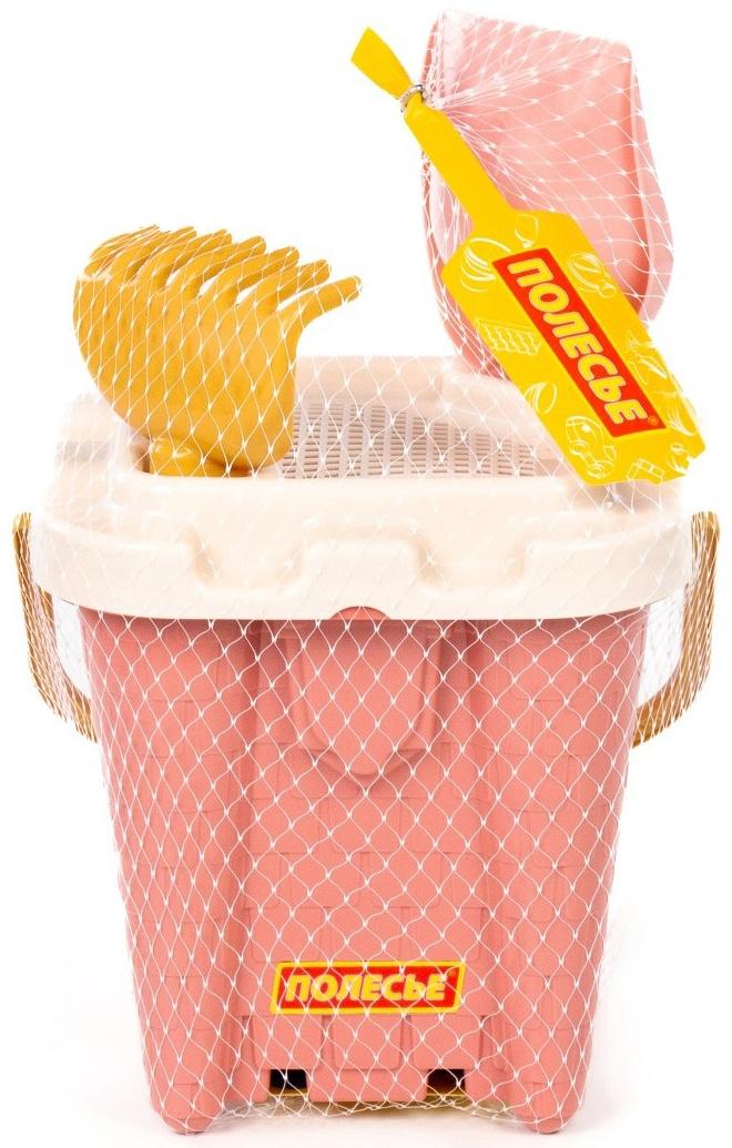 Песочный набор игрушек, 4 предмета: ведро-замок, ситечко, лопатка, грабельки, розовый