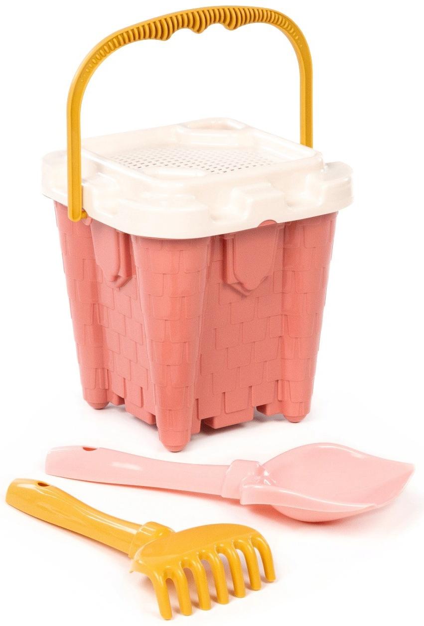 Песочный набор игрушек, 4 предмета: ведро-замок, ситечко, лопатка, грабельки, розовый