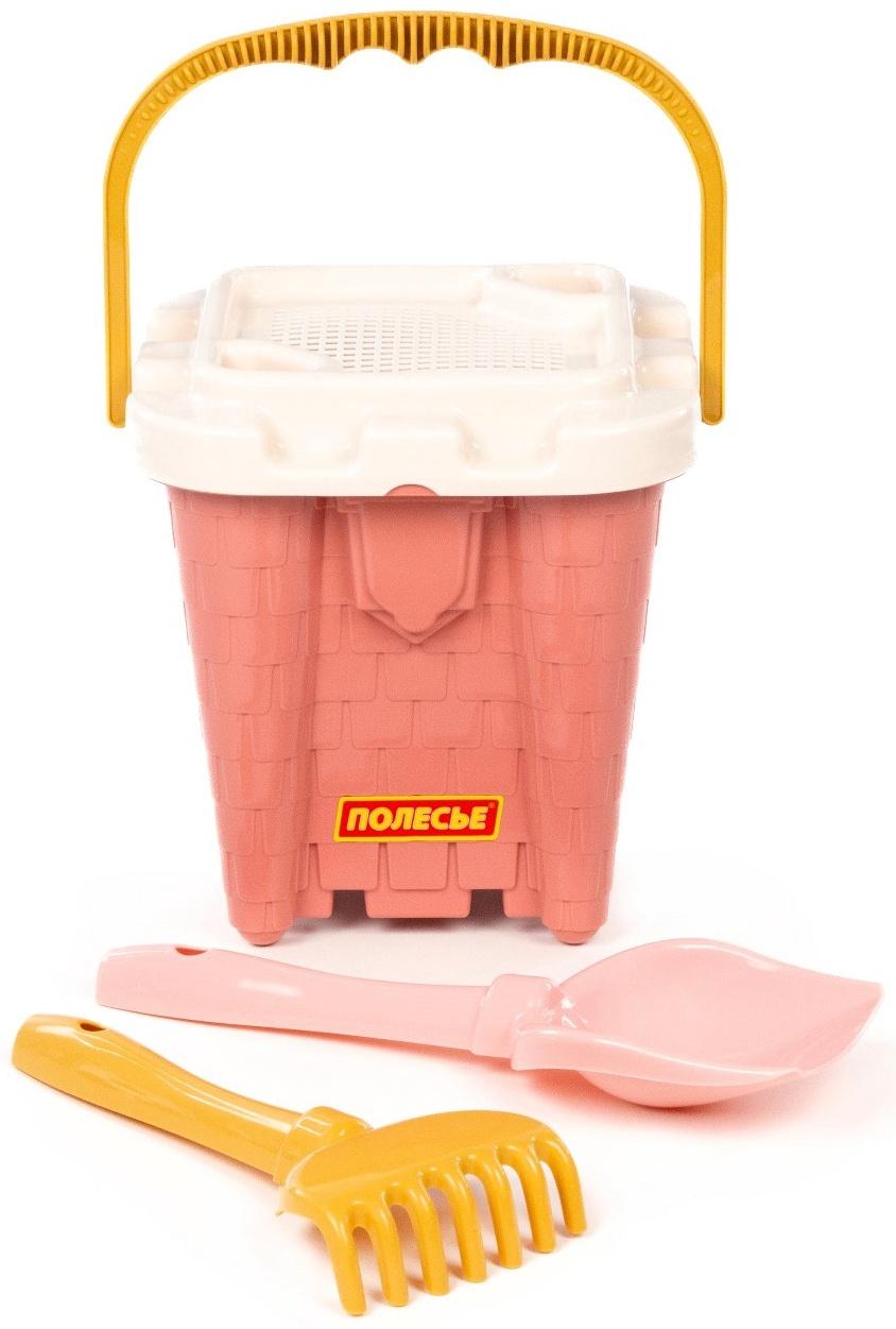 Песочный набор игрушек, 4 предмета: ведро-замок, ситечко, лопатка, грабельки, розовый