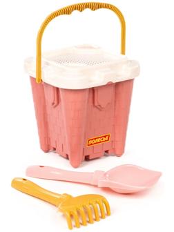 Песочный набор игрушек, 4 предмета: ведро-замок, ситечко, лопатка, грабельки, розовый