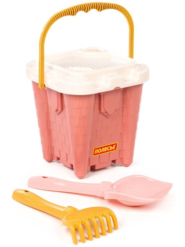 Песочный набор игрушек, 4 предмета: ведро-замок, ситечко, лопатка, грабельки, розовый