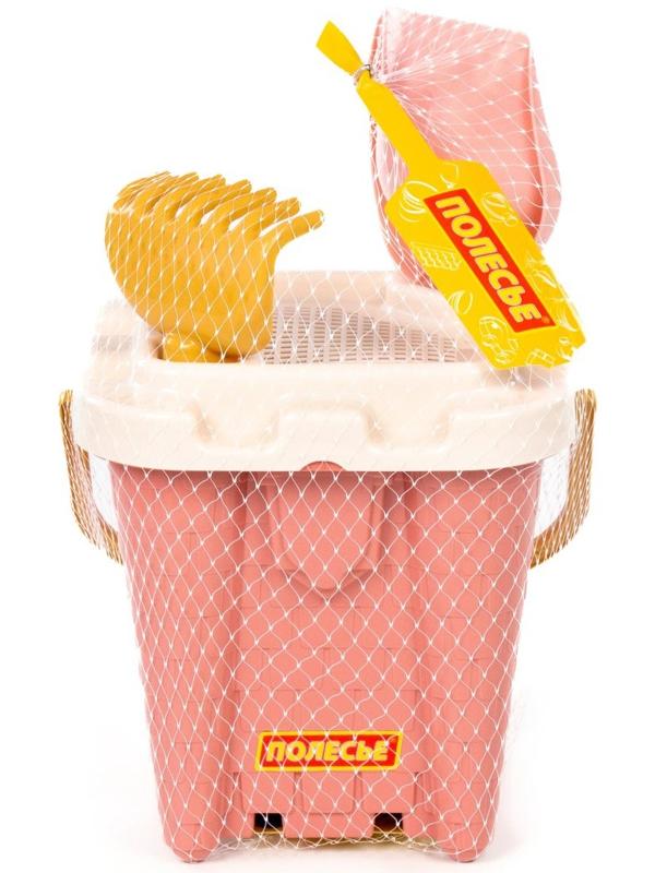 Песочный набор игрушек, 4 предмета: ведро-замок, ситечко, лопатка, грабельки, розовый